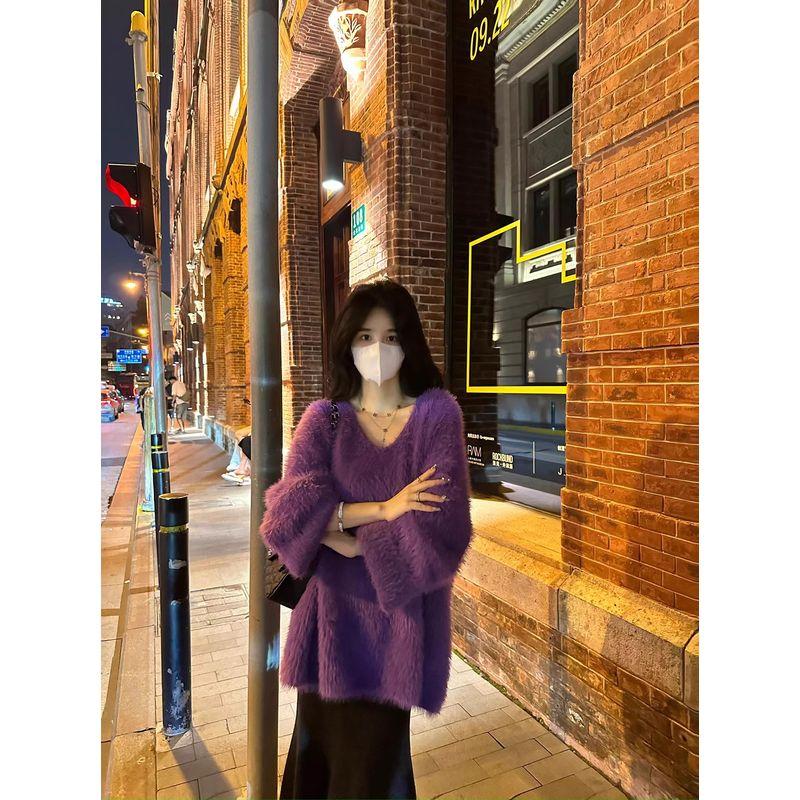 

Autumn and Winter V-neck Loose Lazy Sweater Thickened Imitated Mink Wool Coat Female Purple French Fashionable Korean Style Tops Purple M