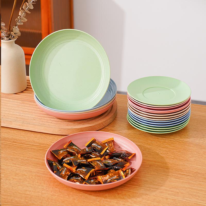 Wheat Straw Round Vegetable Plate Household Large Vegetable Plate Set Drop-Resistant Snack Plastic Plate Fruit Plate Plate