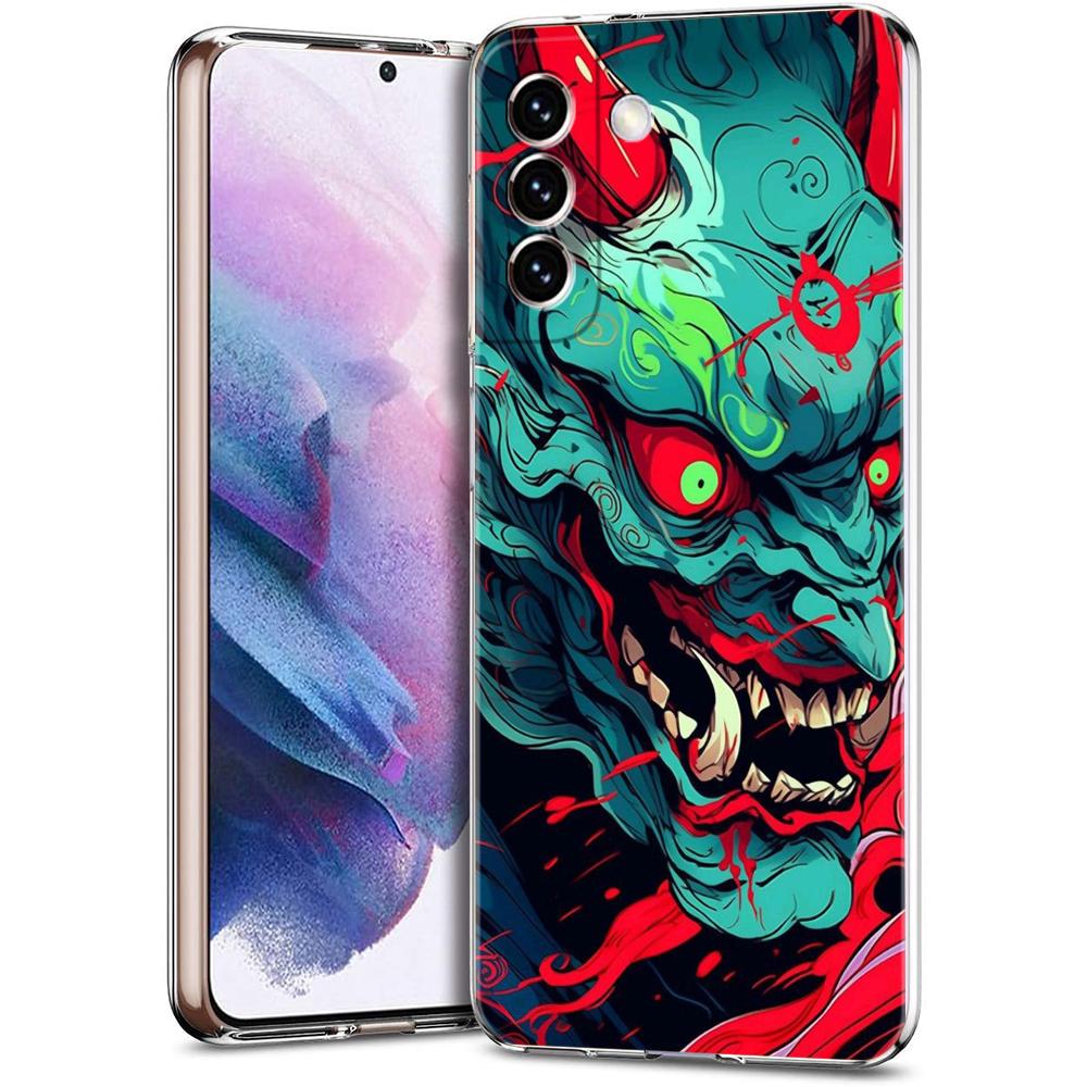 Japan Samurai Oni Mask Transparent Cover for Samsung Galaxy S24 S23 S22 S20 S21 FE Ultra S24 S23 S10 S9 Plus Soft TPU Phone Case