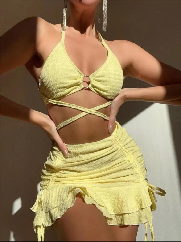Sexy Yellow Bikini Women Solid Halter Ring Linked Criss Cross Cover Up 2 Piece Swimsuit Bathing Suit Ruffles Skirt Swimwear