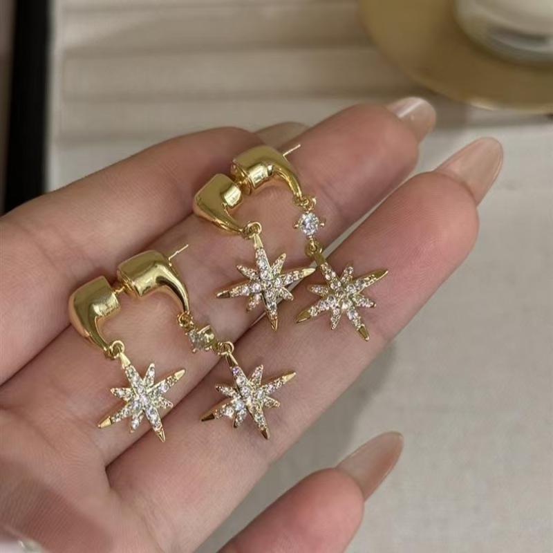 Shiny Zircon Eight-Star Earrings Unique Design Luxury Feel Personality  Versatile Jewelry Ear Decor