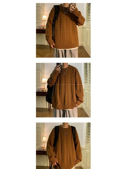 Men's Cable Knit Crew Neck Sweater, Loose Fit, Retro Hong Kong Style, Trendy Casual Knitwear for Autumn and Winter.
