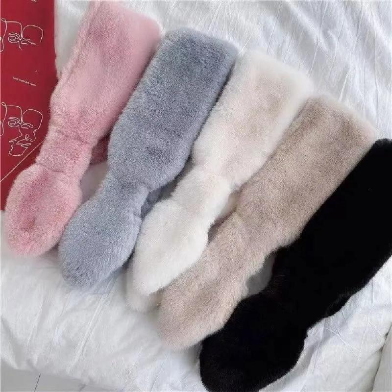 Cross Scarf For Women Autumn Winter Keep Warm Thick Plush Neck Collar Solid Color Fake Rabbit Fur Collar Scarf