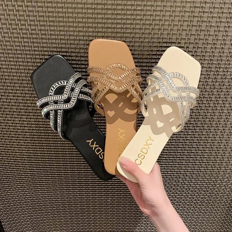 Slipper Women's Luxury Design Womens Rhinestone Summer Flat Outdoor Fashion Ladies Slippers Casual Party Beach Flip Flops