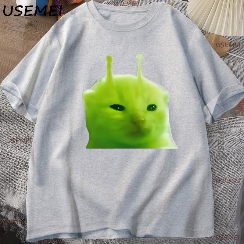 

Green Alien Cat T Shirt Men Cat Meme Tee Glorp Gnarp Cat Brainrot Tshirt Silly Cute T-Shirt Loose Cotton Short Sleeves Tops S сірий