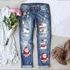 Women's Mid Rise Distressed Jeans Straight Leg Jeans Christmas Snowflake Patch Print Non Stretch Cotton Winter Street Printed Long Denim Pants