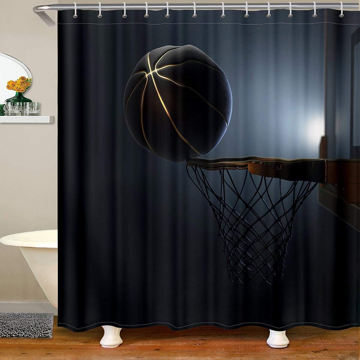 

3D Basketball Printed Shower Curtain Boys Teens Athlete Theme Sports Bathroom Curtain Waterproof Polyester Bathtub Screen W60H190(CM)-1 Pcs