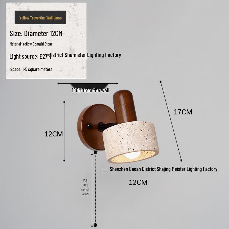 Retro Japanese Wabi-Sabi Yellow Stone Wall Lamp with Pull Cord Switch for Bedroom or Homestay