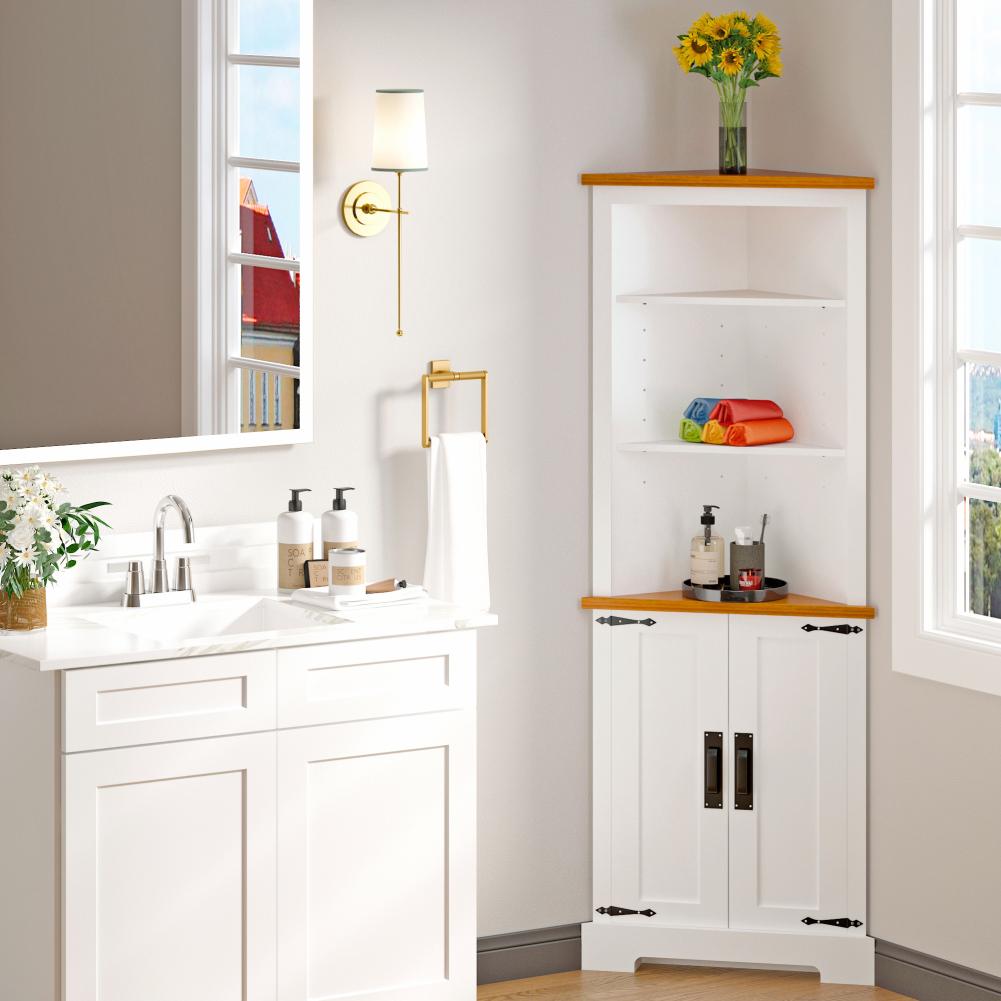 US Corner Cabinet Tall Corner Bathroom Storage Cabinet With 2 Doors And 3 Shelves Modern Pantry Cabinet Space Saver For Kitchen