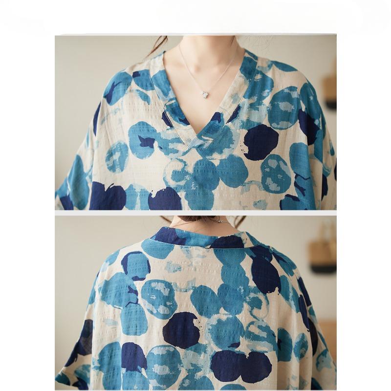 Sommer V-Ausschnitt Dünn Baumwolle Leinen Übergröße Locker Literarischer Urlaubsstil Strandkleid Retro Lange Kleider