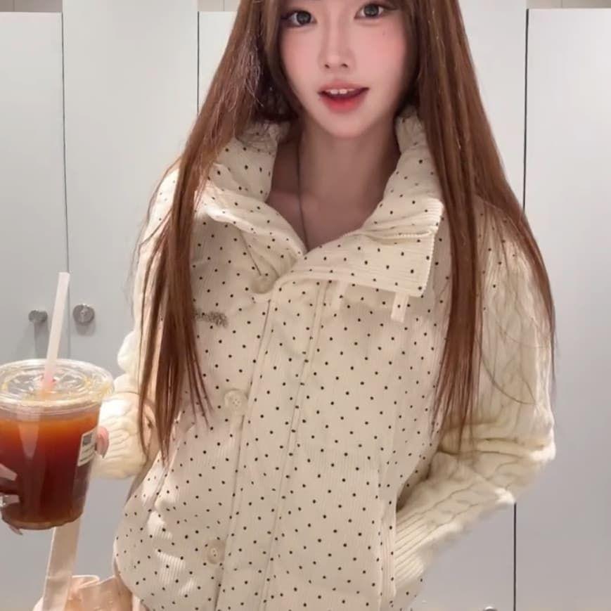 Cappotto Imbottito Caldo con Collo Alto Donna Inverno Design Coreano Dolce College Lavorato a Maglia Pois Giuntura Top Esterno