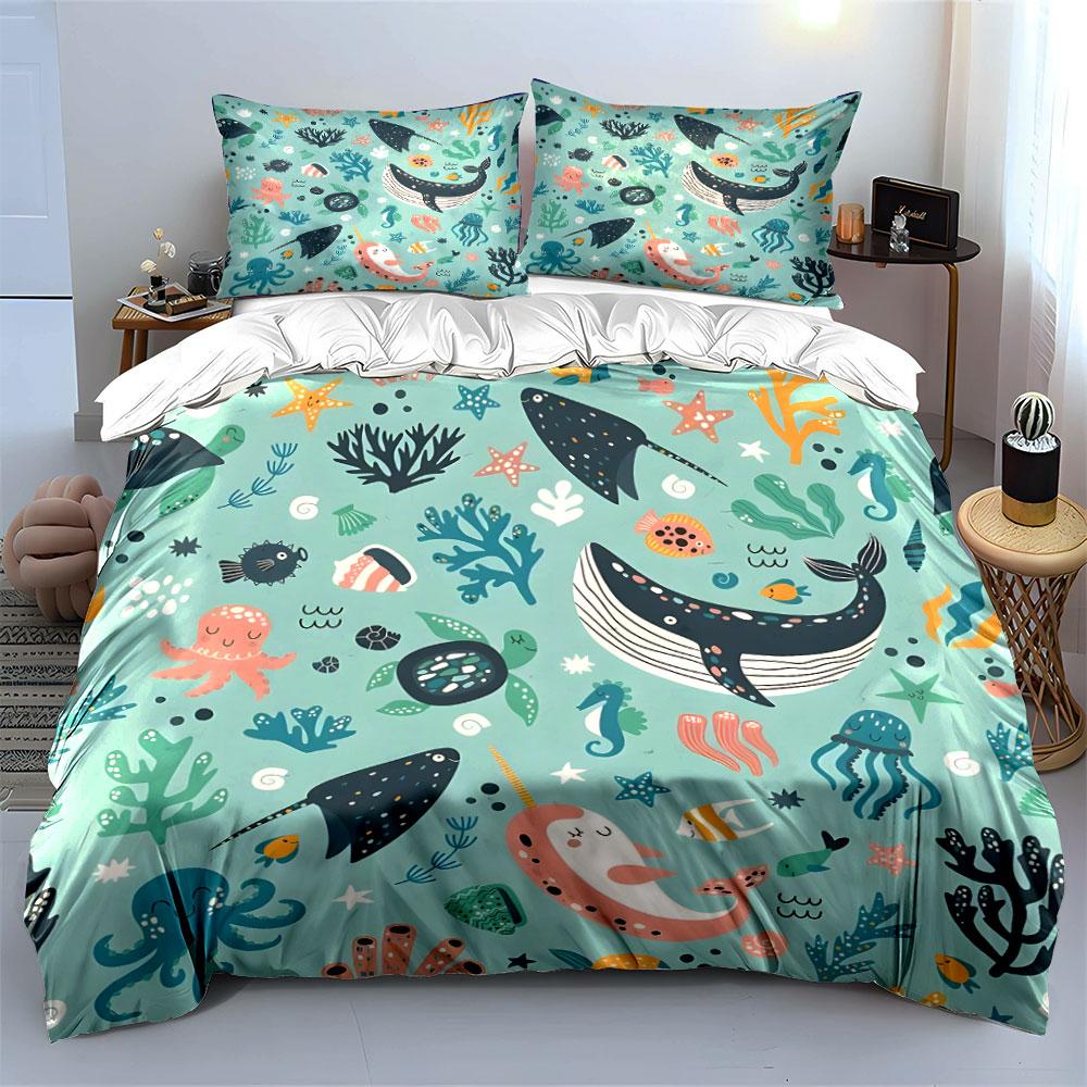 Set Biancheria da Letto a Tema Animali Marini Varie Misure Camera da Letto per Bambini e Adulti Raffinato Set da 3 Pezzi, Regalo