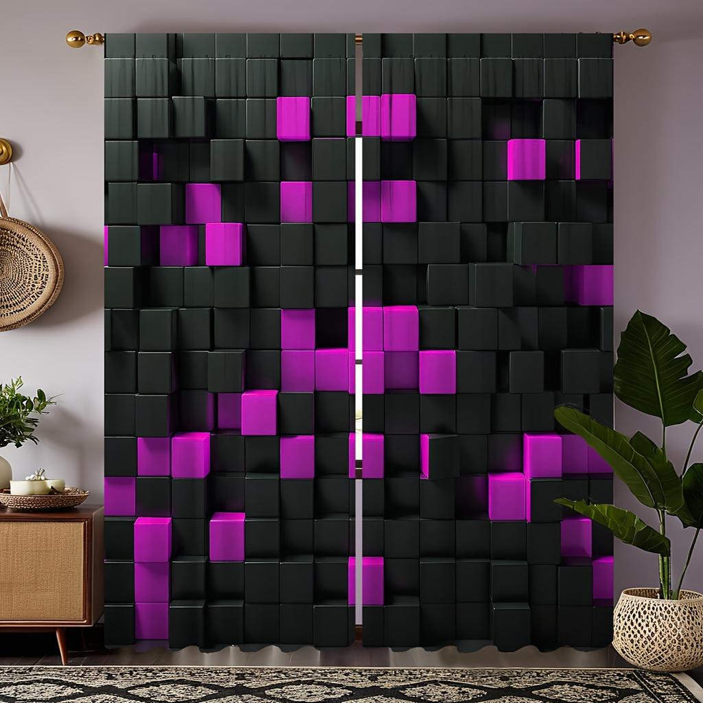 2pcs Set Modern Geometric Curtains Black & White Rod Pocket Design for Easy Hanging for Living Room Bedroom Kitchen Window Drape