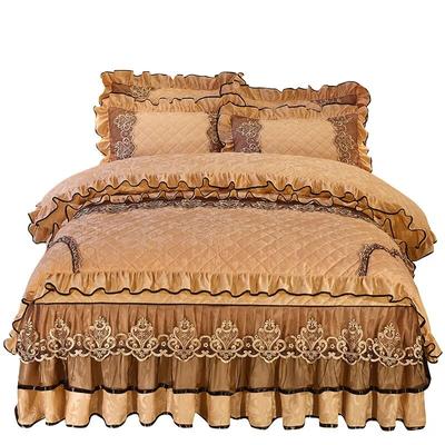Europa-Samt-King-Size-4-teiliges Bettwäsche-Set, luxuriöser Trösterbezug, gesteppte Spitze, Bettrock, weich, warm, Queen-Size-Bett mit zwei Kissenbezügen
