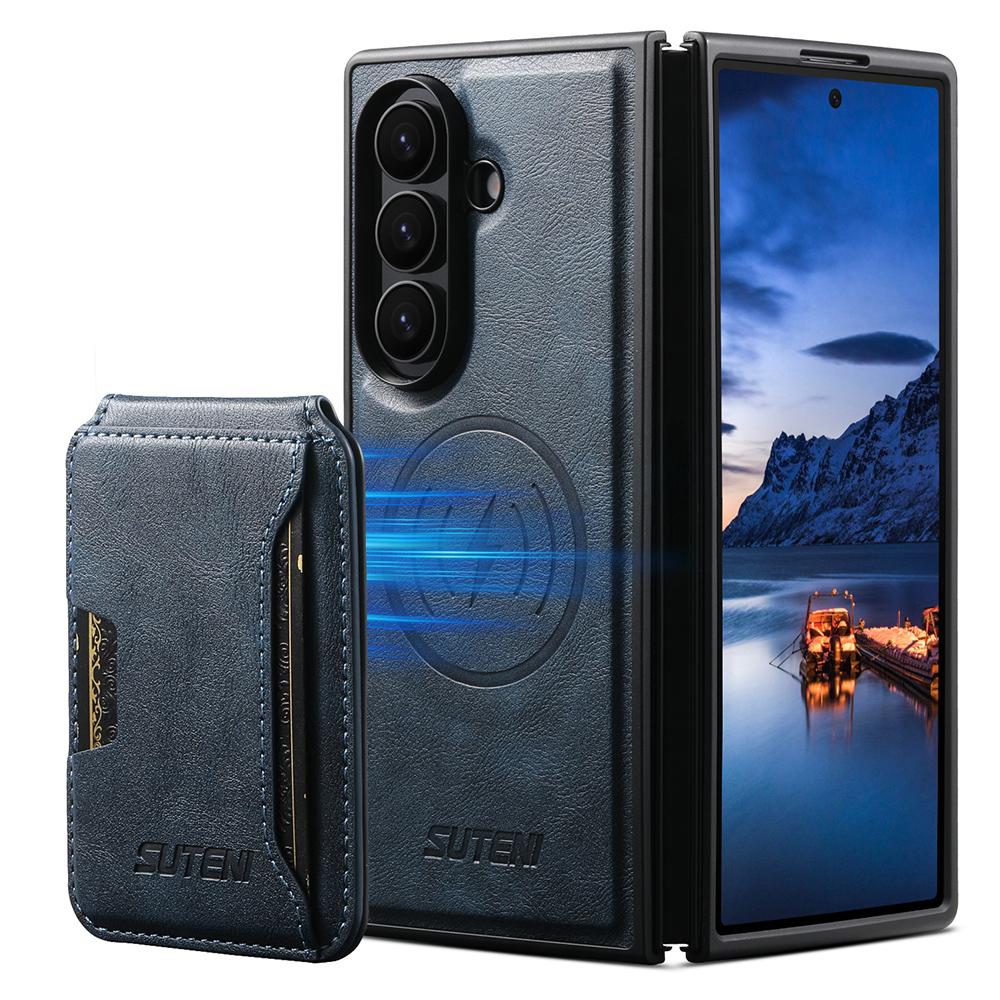 SUTENI M3 For Samsung Galaxy Z Fold7 5G Magnetic Case Cowhide Texture Leather Back Cover with Card Bag Kickstand