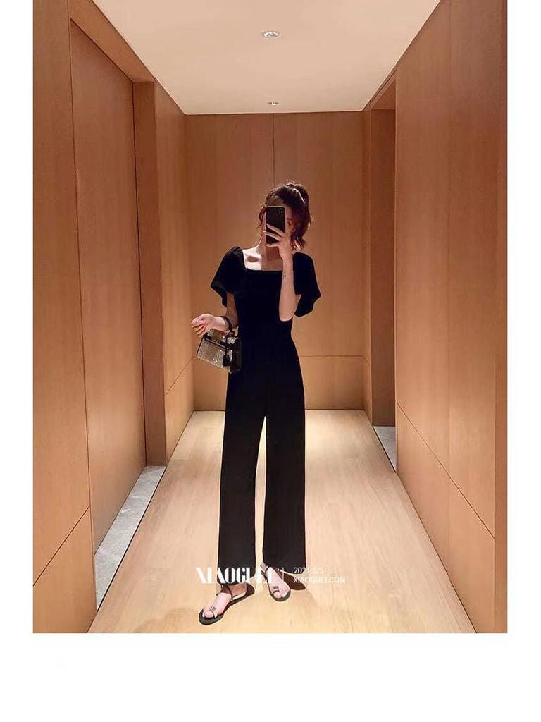 Elegant Petite Black Short Sleeve Slimming Jumpsuit with Square Neck and Wide Leg Pants - Summer 2026 Collection