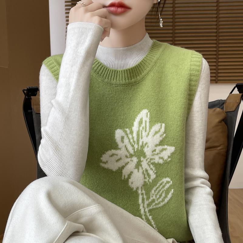 Autumn Women's Knitted Vest Pullover Vest Shoulder Round Neck Jacquard Loose Waistcoat