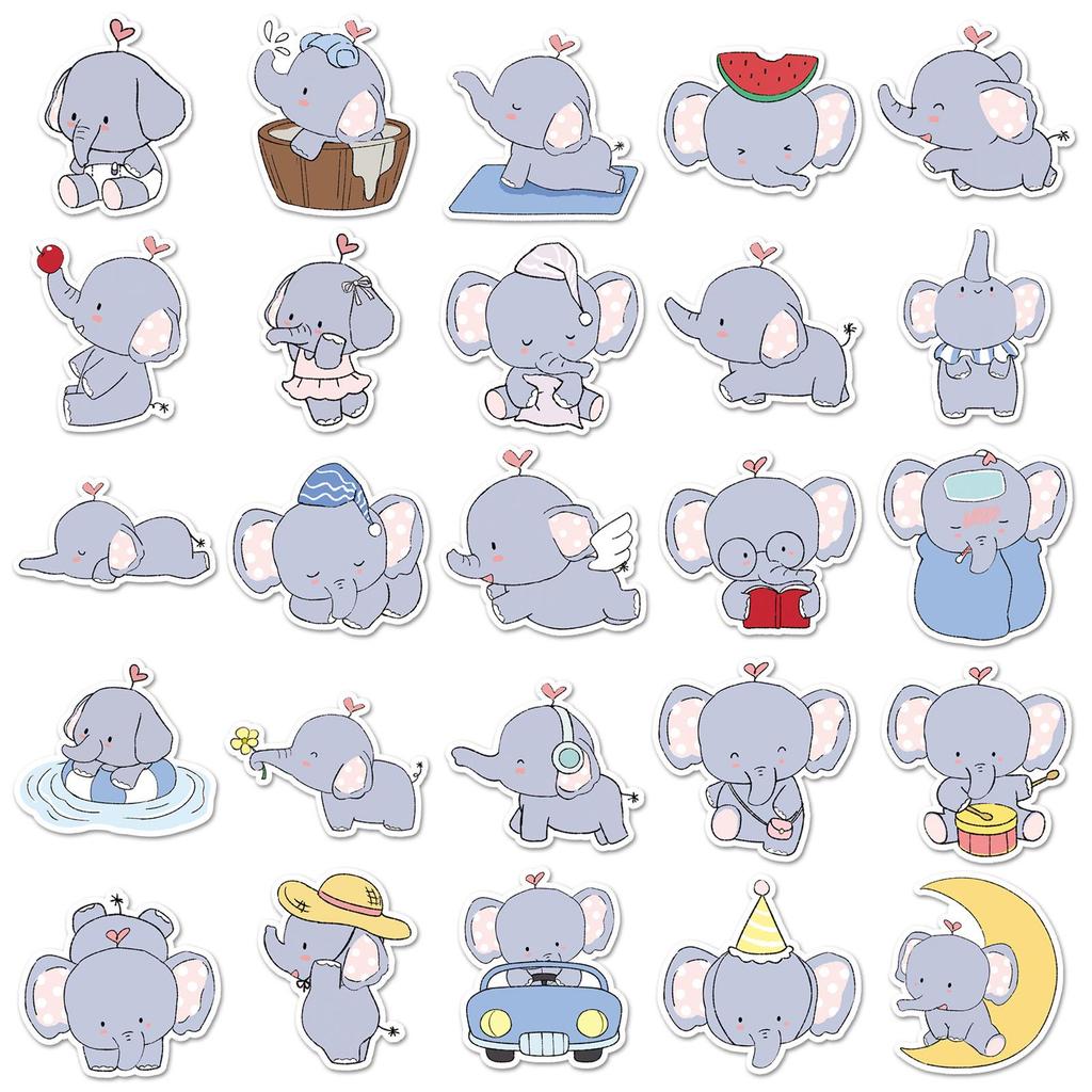 50 Cute Hand-Painted Cartoon Baby Elephant Stickers for Luggage, Diary, and Water Bottles