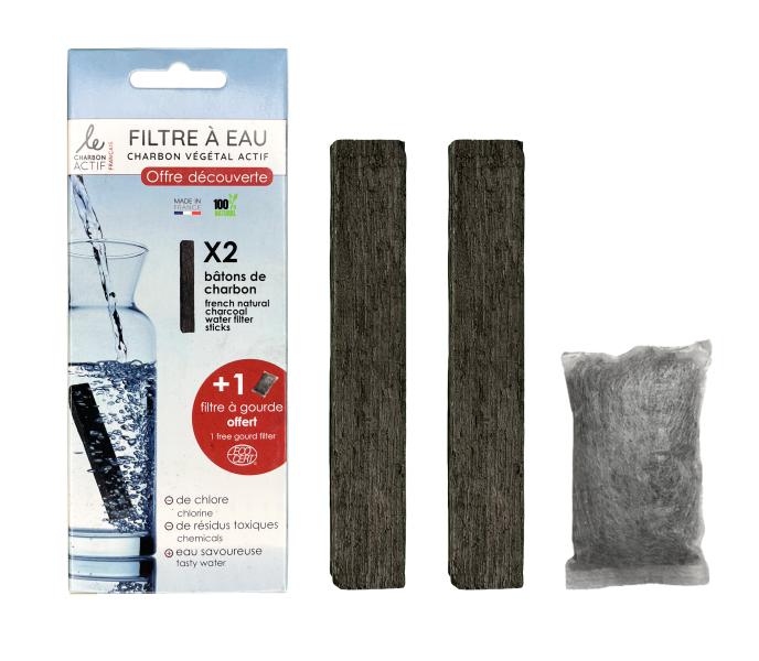 

Pack découverte 2 bâtons de charbons filtres à eau naturels + 1 filtre à gourde OFFERT