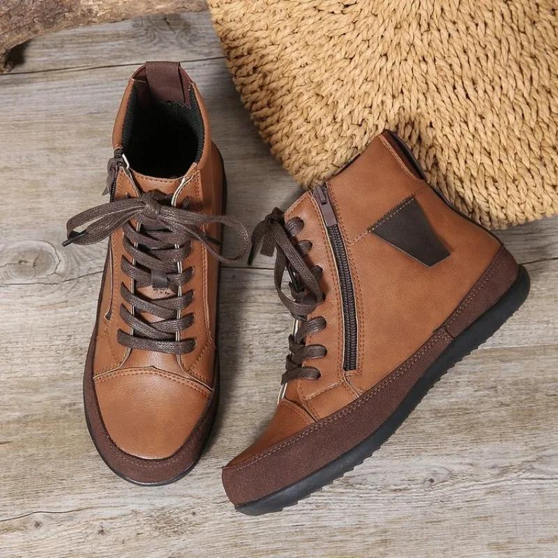 Winter New Flat Single Shoes Women's Round Head Front Strap Side Zipper Soft Sole Anti-slip Wear-resistant Short Boots