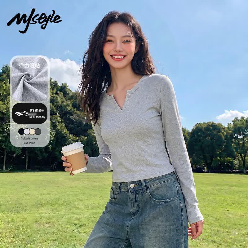 MJ STYLE Women's Slim V-Neck Long Sleeve T-Shirt