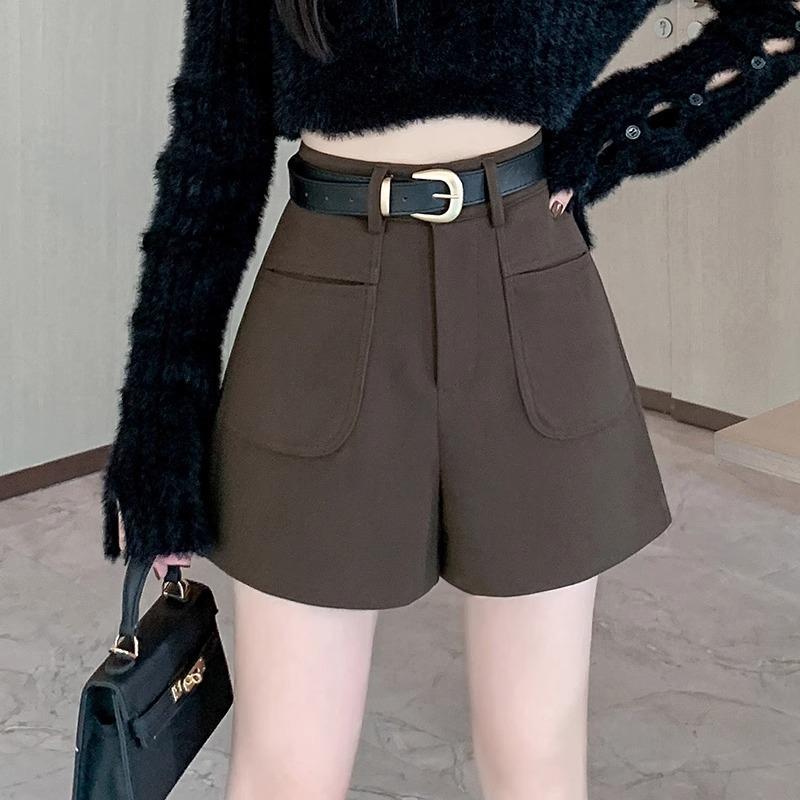 2024 High-Waisted Woolen A-Line Shorts for Women - Autumn/Winter Petite Coffee Tone Casual Bootcut Style.