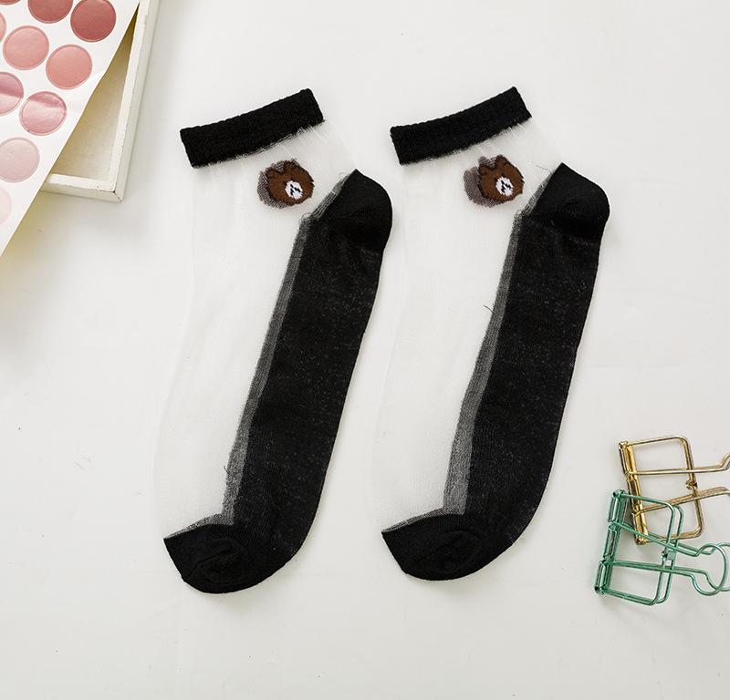 5 /10 Pairs Women Socks Summer Cartoon Socks Bear Colorful No Show Socks Soft Silk Thin Transparent Kawaii Girls Female Ankle Socks