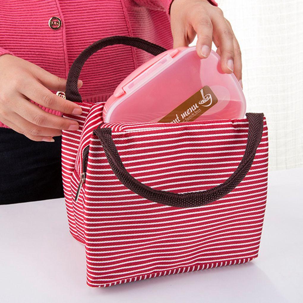 Womens Stripe Thermal Lunch Box Cooler Bag Insulated Picnic Handbag Food Bag