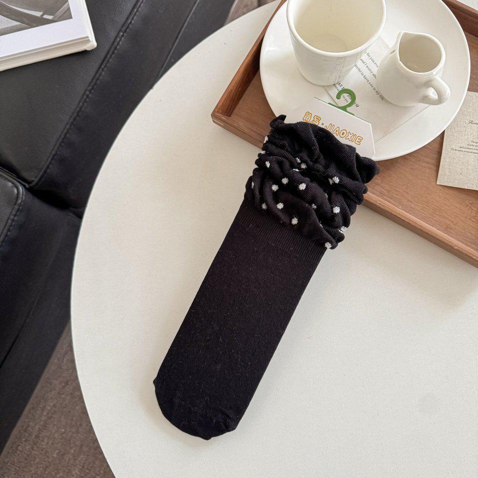 Miu Style Chic Polka Dot Ballet Socks - Thin Mesh, Mid-Calf, Bubble Puff Cuff, Spring & Summer Collection чёрный
