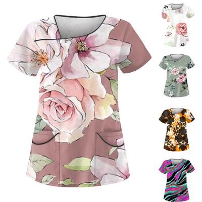 Women's Casual Printed Short Sleeve Workwear With Double Pocket Top