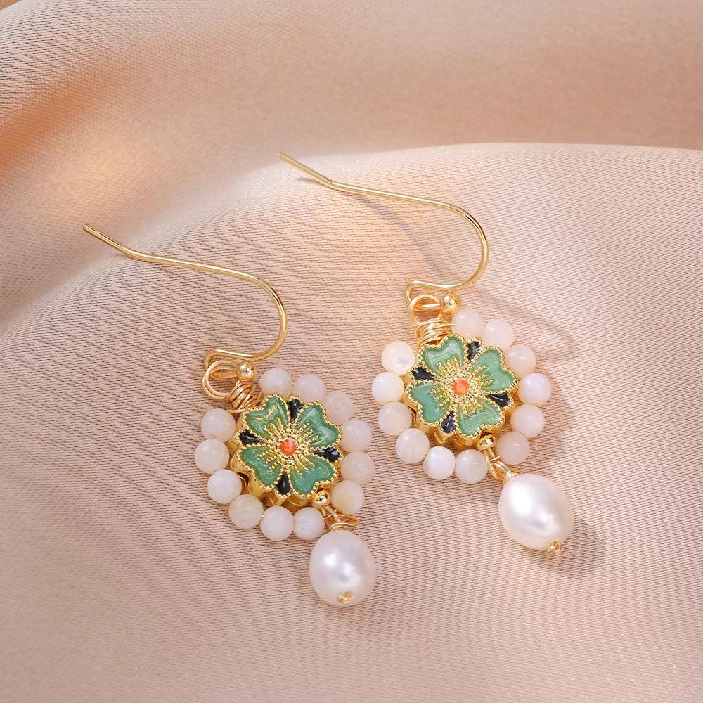 Retro Freshwater Pearl Blue Flower Earrings for Women - Japanese & Korean Style