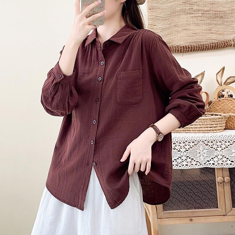 New spring and autumn pure cotton double-layer cotton yarn long-sleeved shirt women's loose and thin temperament casual literary and retro style shirt