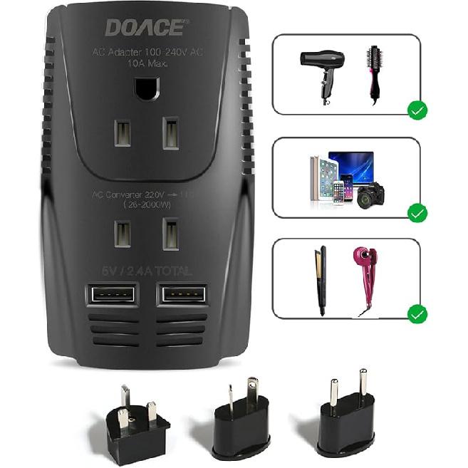 

Преобразователь напряжения DOACE® 220 В в 110 В, 2000 Вт, дорожный преобразователь напряжения для фена, выпрямителя, плойки, адаптер питания 10 А с 2 USB и EU/UK/AU/US чёрный
