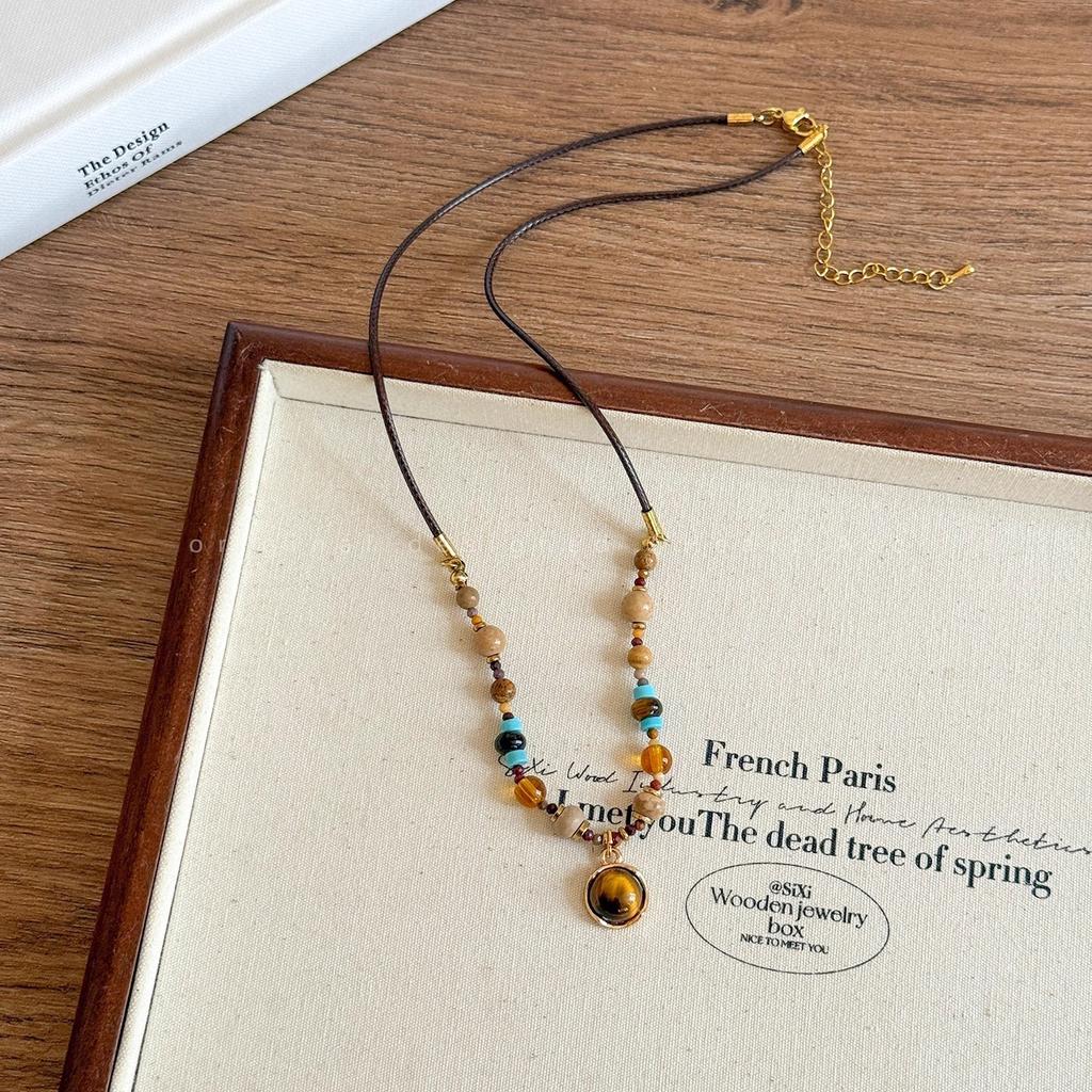 Maillard Tiger's Eye Stone Pendant Necklace Women's Light Luxury Temperament Beaded Clavicle Chain Niche