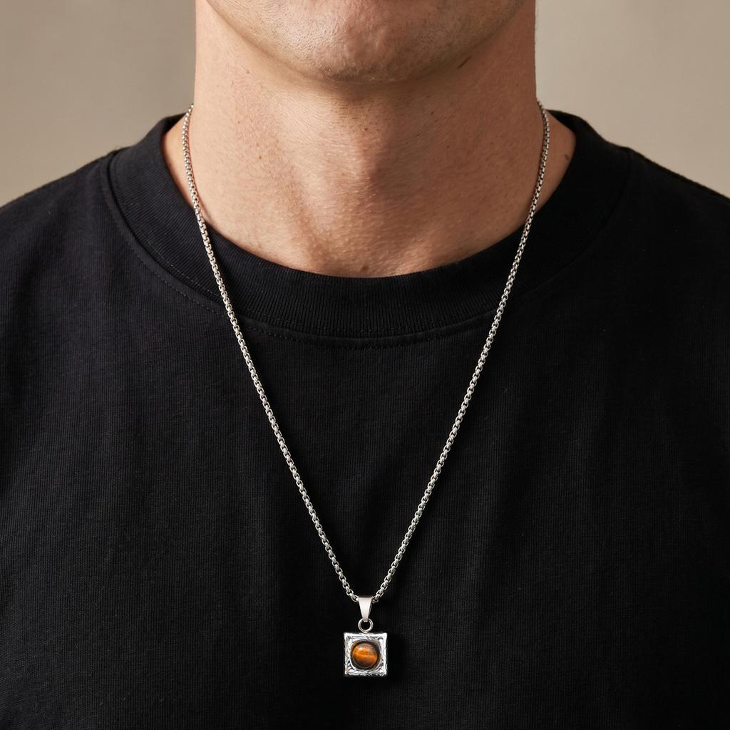 Stainless Steel Squre Pendant Necklace for Men,Casual Natural Agate Tiger Eye Stone Necklace,Hip Hop Punk Jewelry Gift