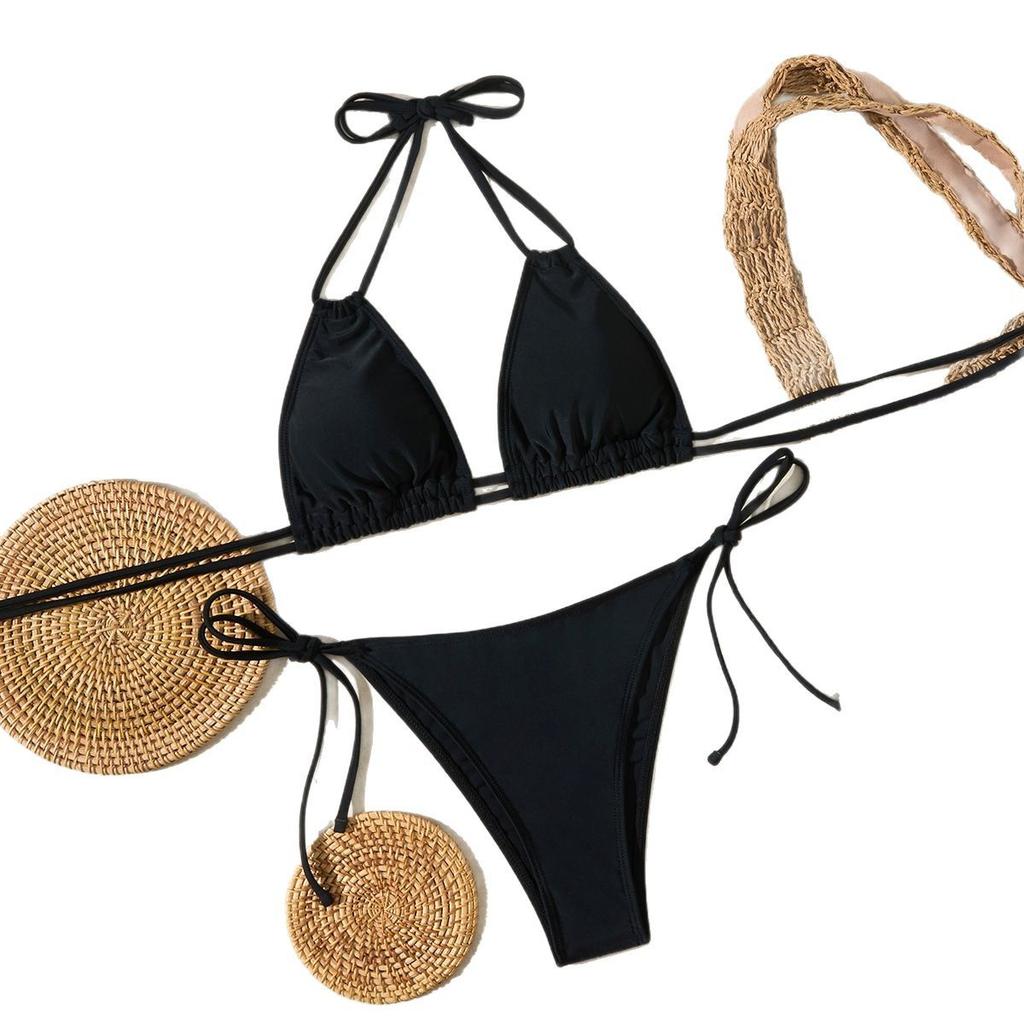 Split Swimsuit Female Sexy Premium Lace-up Neck Hot Spring Bikini Solid Color Sexy Beach Swimsuit Hot Spring Model