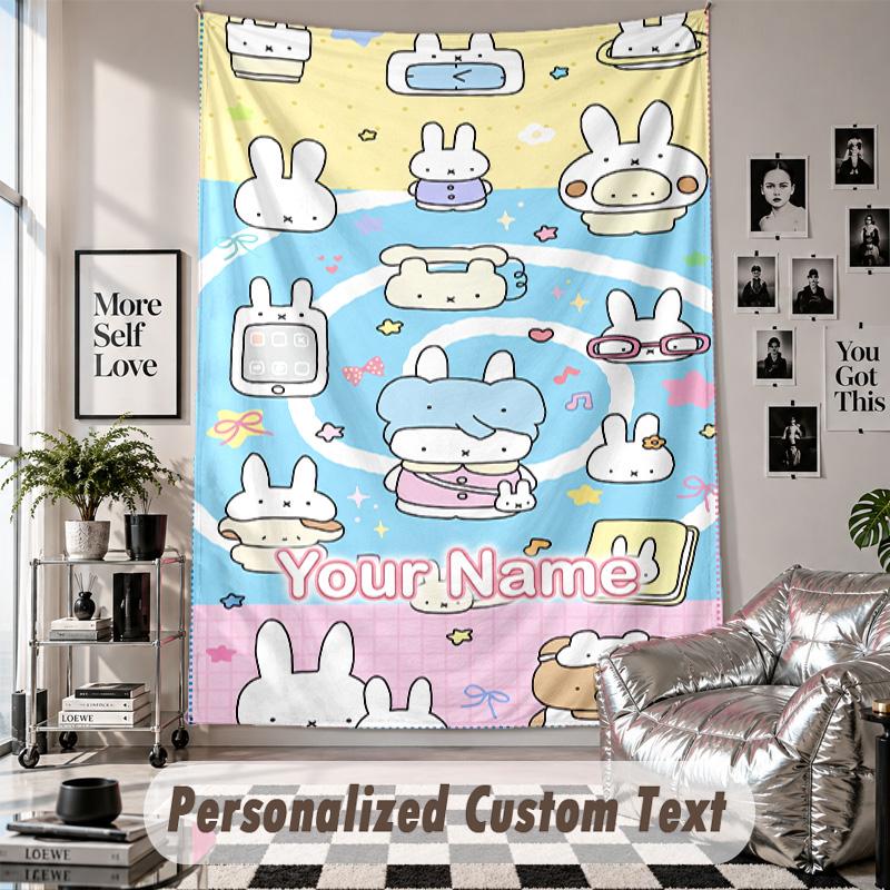 Wall Hanging Tapestry With Custom Name & Text, Miffy Decorative Tapestry For Bedroom