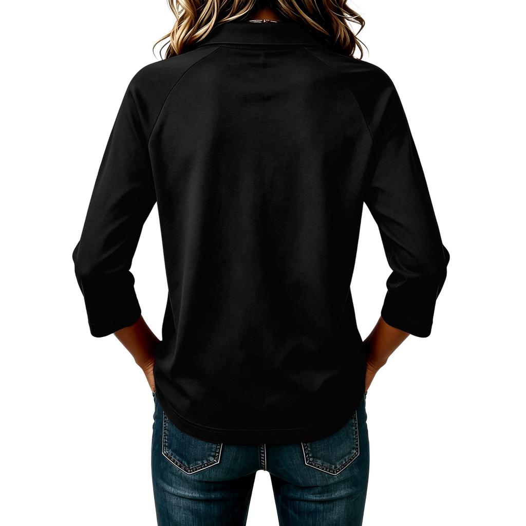 Women's Casual 3/4 Sleeve Patchwork Solid Color Polo Shirt Button Down Collar Lightweight Top