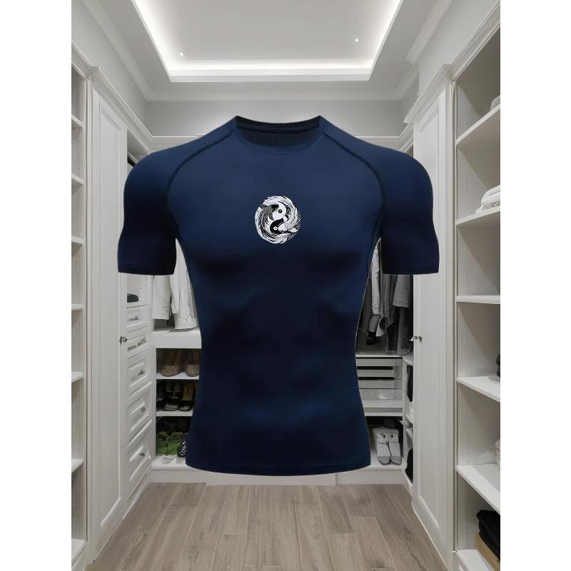 Mens White Compression Short Sleeve T-Shirt Black And White Yin Yang Graphic Quick Dry Breathable High Elasticity Gym And Running Athletic Top