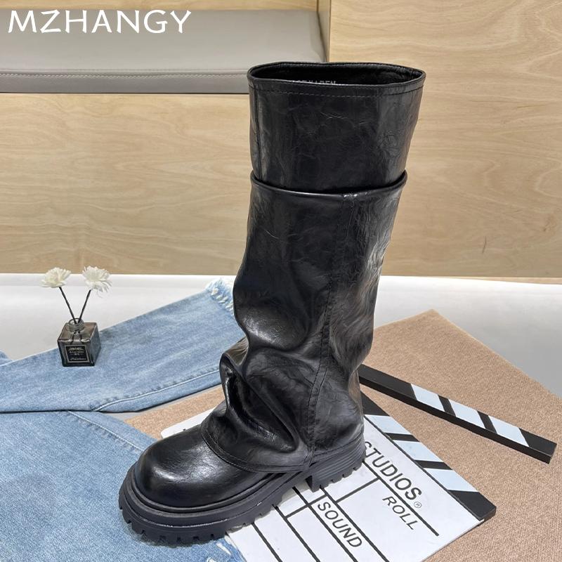 Fashion Women Platform High Boots Leather Knee High Flats Shoes Woman 2025 Trend Winter Fashion Dress Goth Retro Motorcycle Boots Mujer