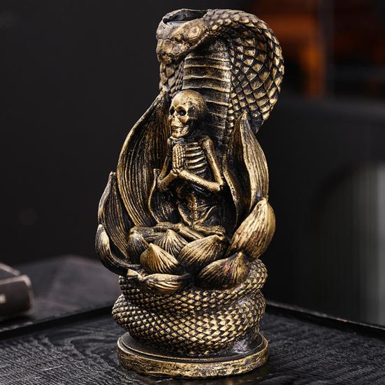 Skull Snake Incense Burner Holder Backflow Waterfall Cone Incense Holder Zen Skeleton Incense Burner for Home Bedroom Yoga Aromatherapy Relaxation