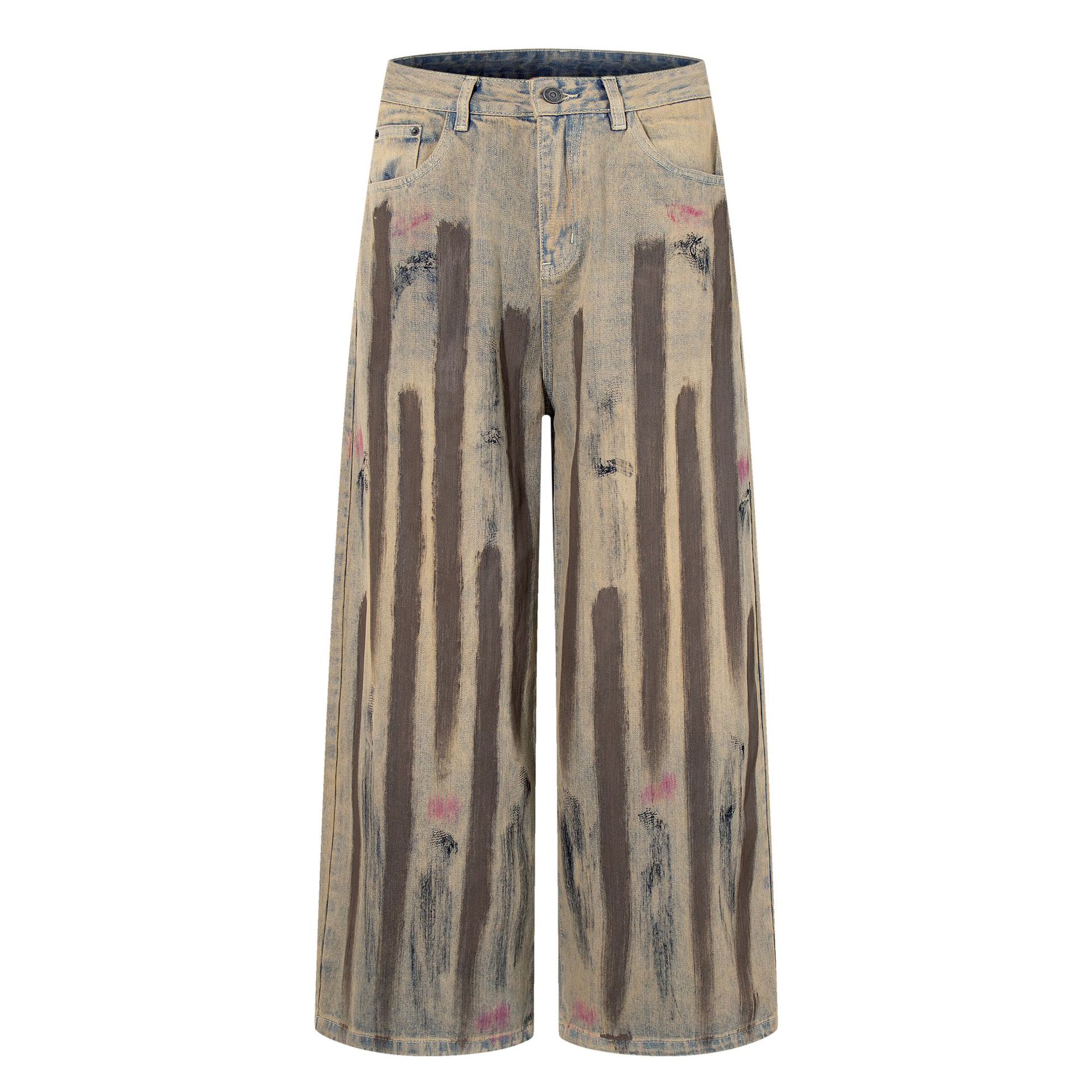 Men s high street RO wind heavy washed inkjet jeans high quality wide leg pants S