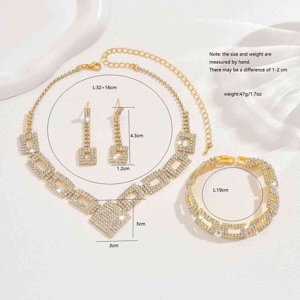 Jewelry Set High-end Full Diamond Three-piece Necklace Earrings Bracelet Dinner Dress Jewelry Accessories.