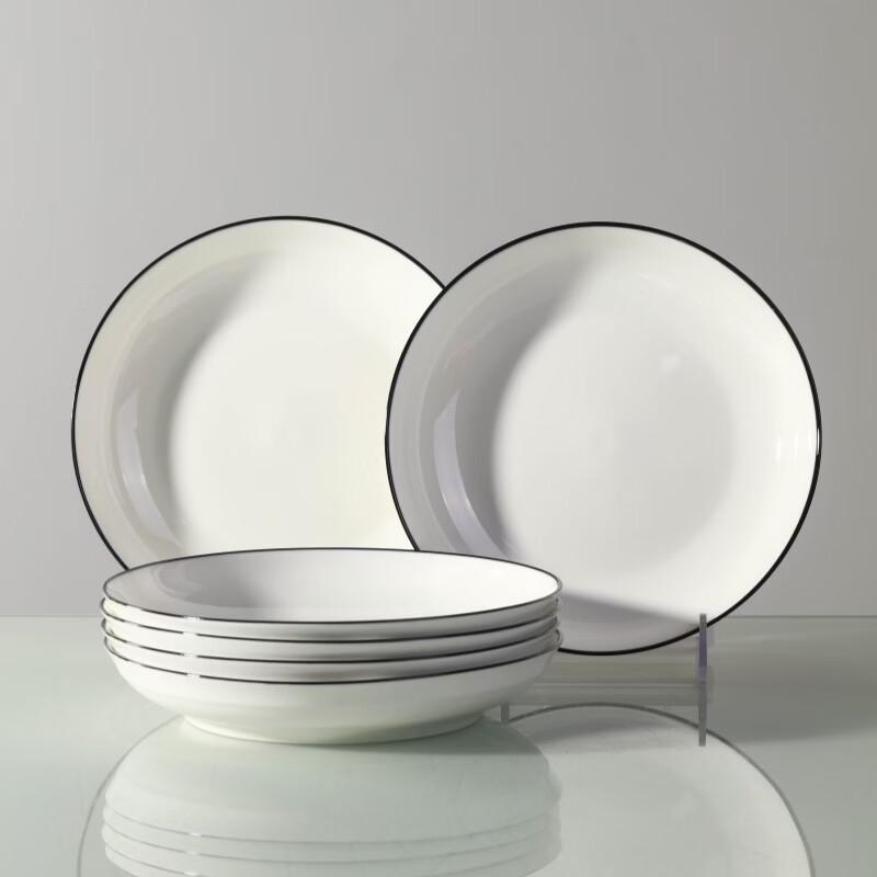 Haoya Jingdezhen Ceramic 8-Inch Deep Serving Plates - Underglaze Black Line, Set of 6
