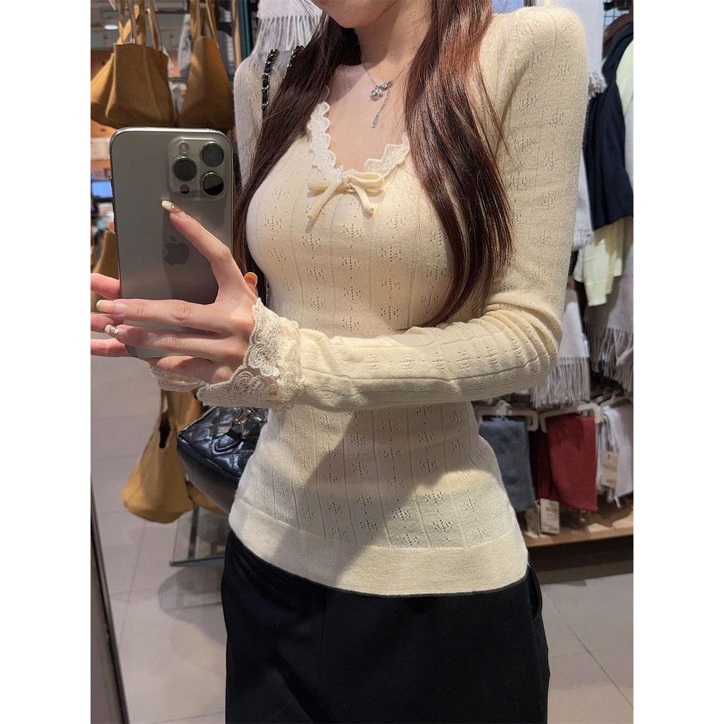 Andy Fleece V-neck Lace-up Wool Knitted Sweater Autumn and Winter Slim-fit Jacquard Inside Long-sleeved Spice Girl Bottoming Top