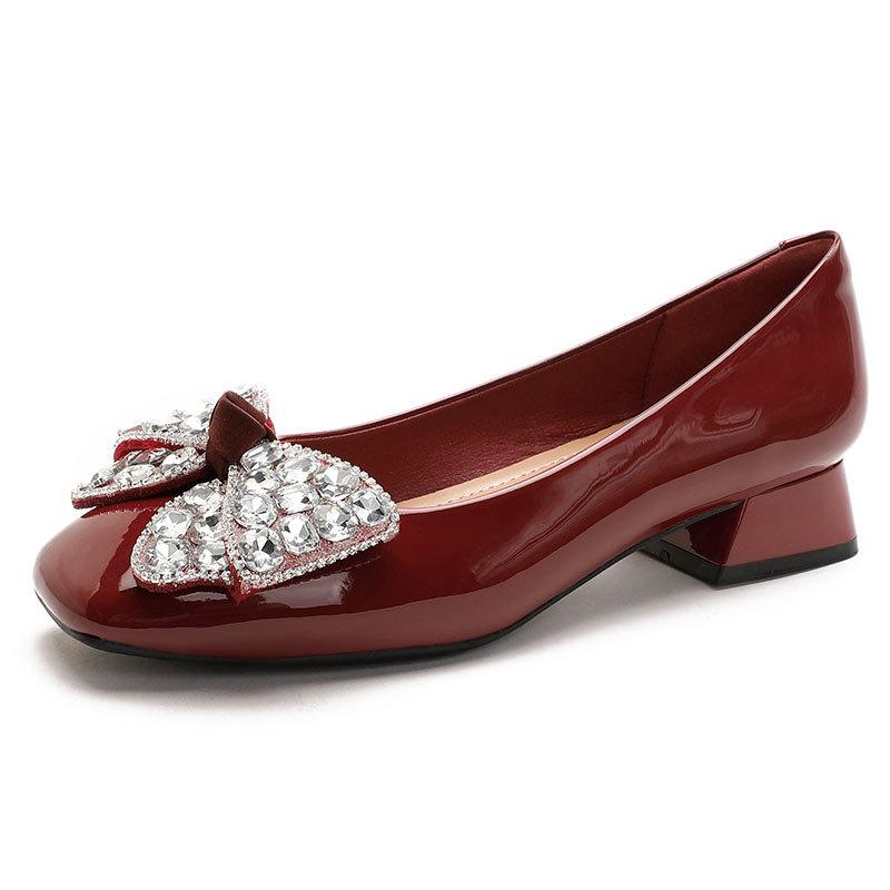 French low-heeled single shoes 2025 new spring and autumn women's shoes bow rhinestone thick heel red wedding shoes square head high heels