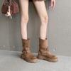Women's Y2K Suede Ankle Cowboy Boots with Buckle Design, Thick Soles, and Round Toes.