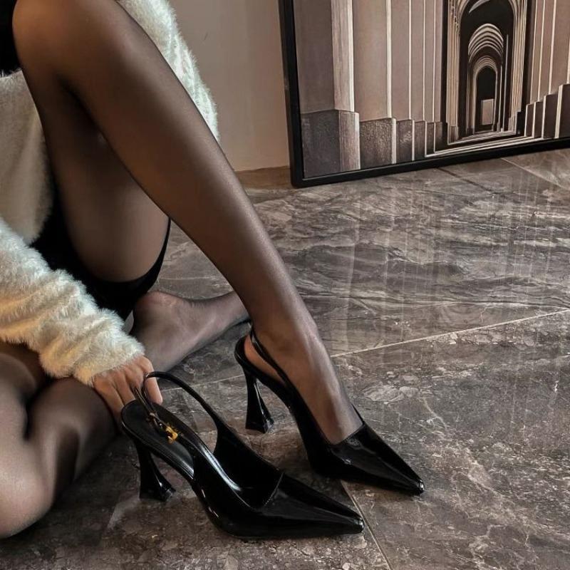 

New spring patent leather burgundy high heels women s pointed head thin heel horseshoe heel single shoes sexy bag head sandals 40