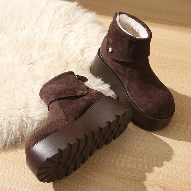 Platform Fur Ankle Snow Boots Flats Suede Warm Plush Cotton Shoes Winter High Heels Shoes Woman 2025 Trend Fad Cozy Botas Mujer