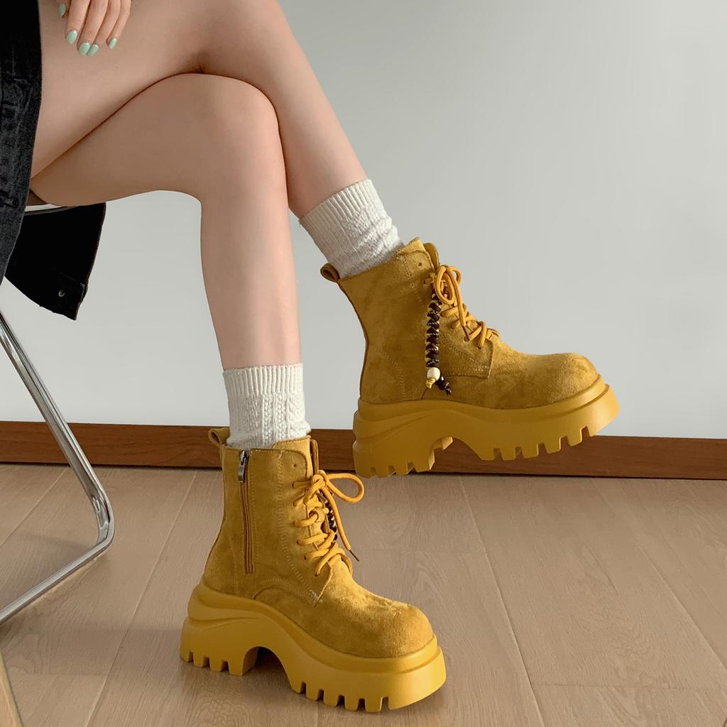 Yellow Retro British Style Thick-soled Heightening Martin Boots Women's 2025 New Summer High-end Thin Short Boots